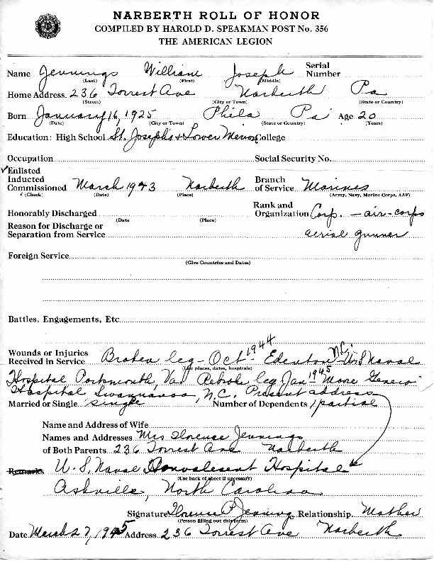 Roll of honor form for William Jennings