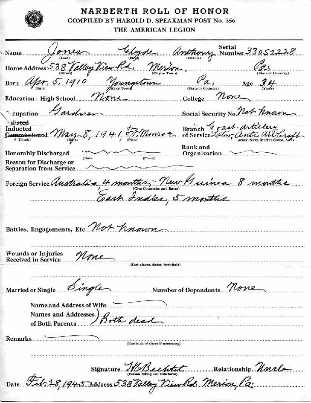 Roll of honor form for Clyde Jones