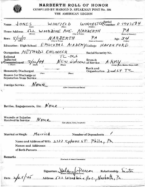 Roll of honor form for Winfield Jones