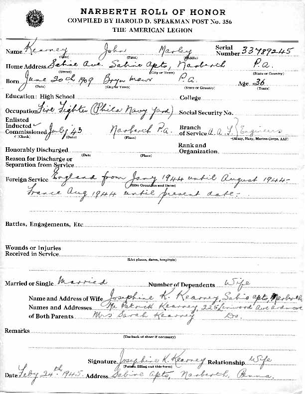 Roll of honor form for John Kearney