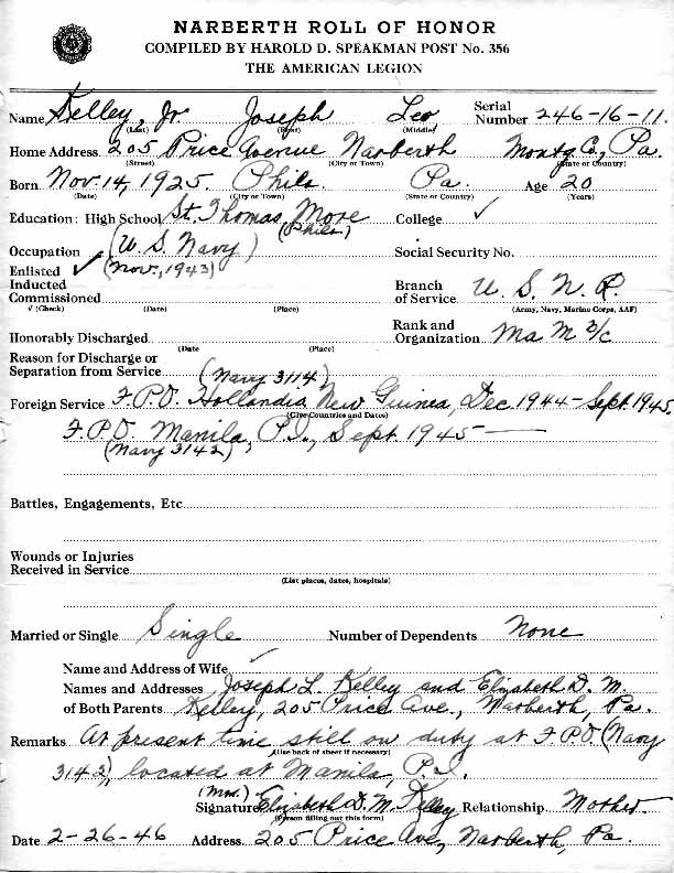 Roll of honor form for Joseph Kelley