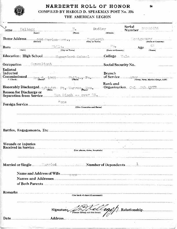 Roll of honor form for Hosford Kellogg