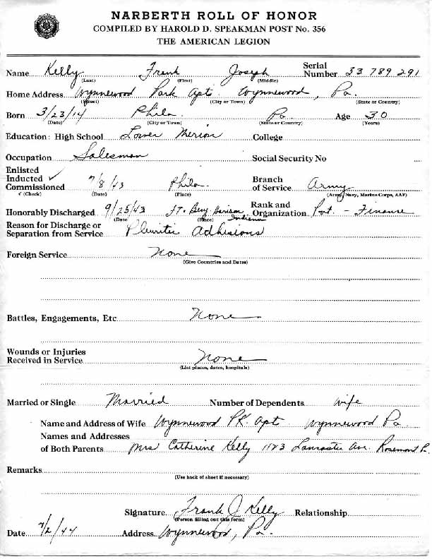 Roll of honor form for Frank Kelly
