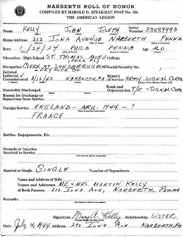 Roll of honor form for John Kelly