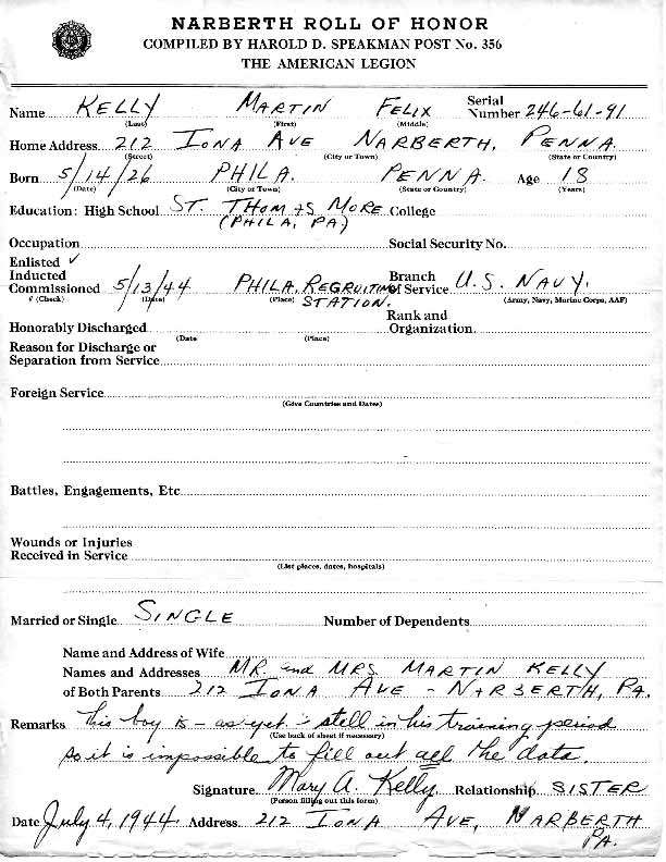 Roll of honor form for Martin Kelly