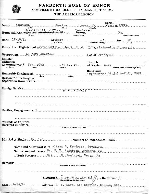 Roll of honor form for Charles Kendrick
