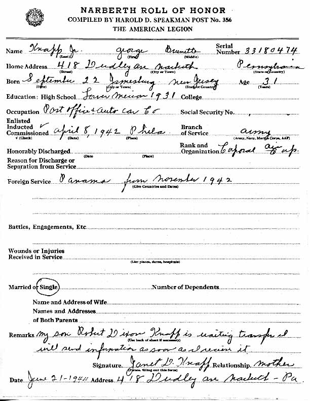 Roll of honor form for George Knapp