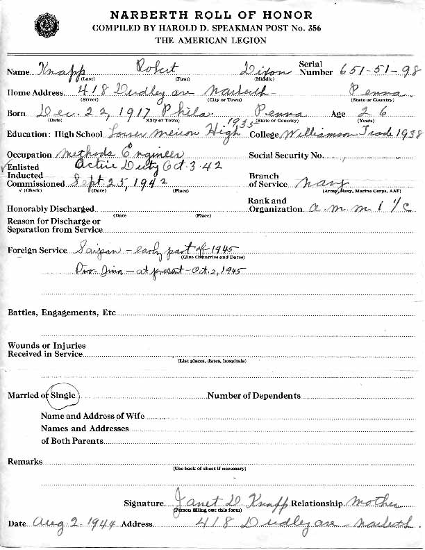 Roll of honor form for Robert Knapp