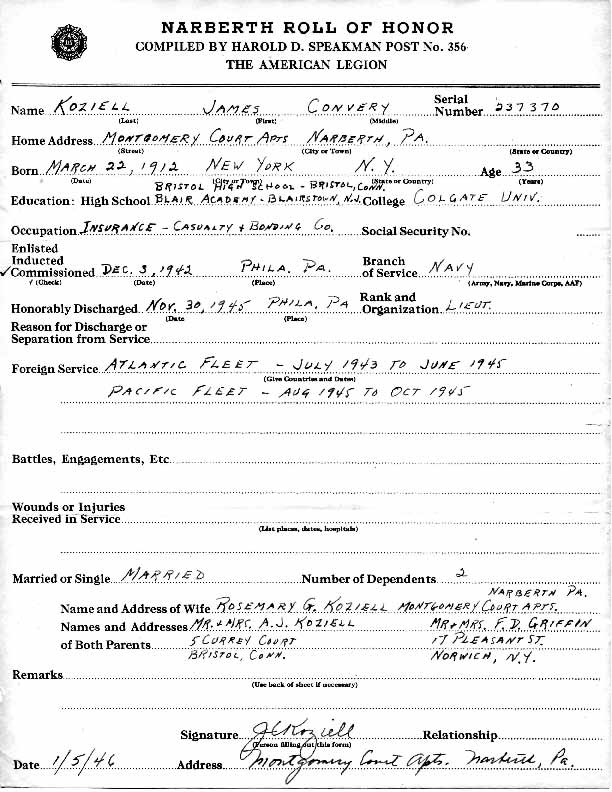 Roll of honor form for James Koziell