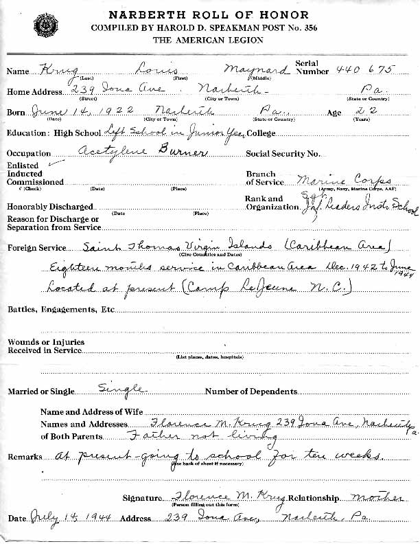 Roll of honor form for Louis Krug