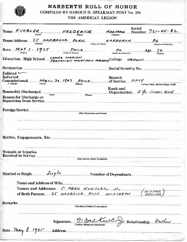 Roll of honor form for Frederick Kuebler