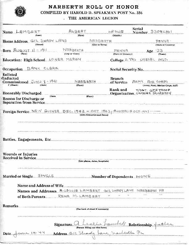 Roll of honor form for Albert Lambert