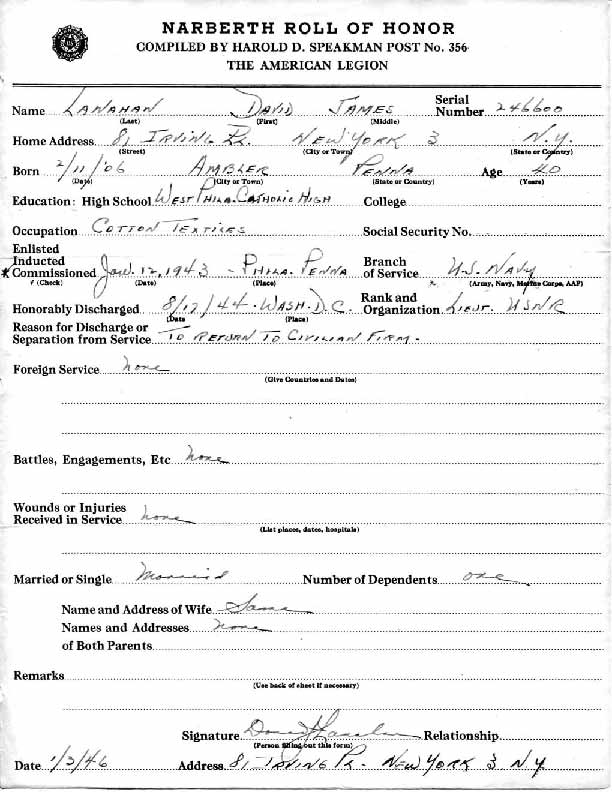 Roll of honor form for David Lanahan