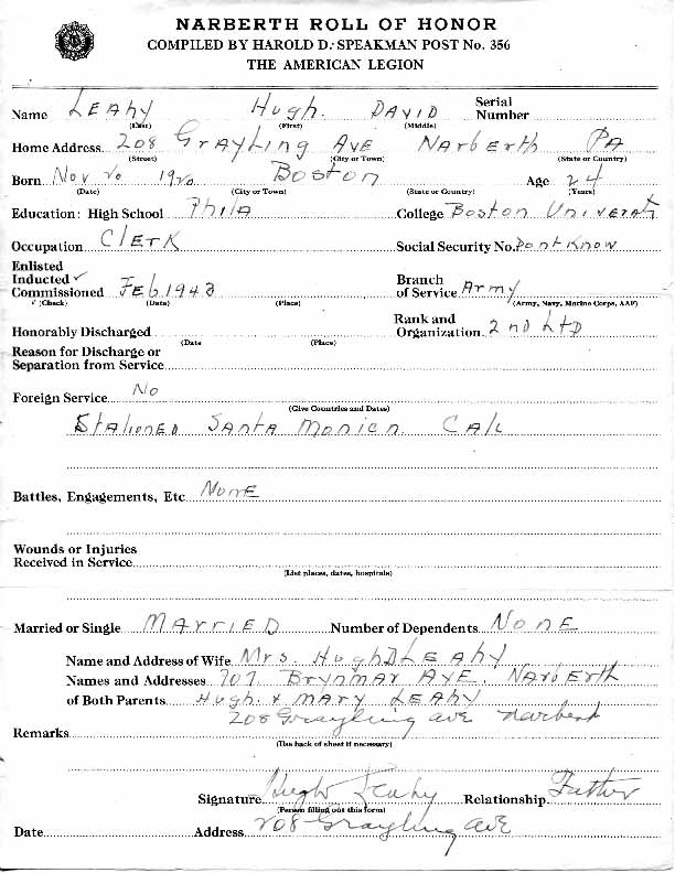Roll of honor form for Hugh Leahy