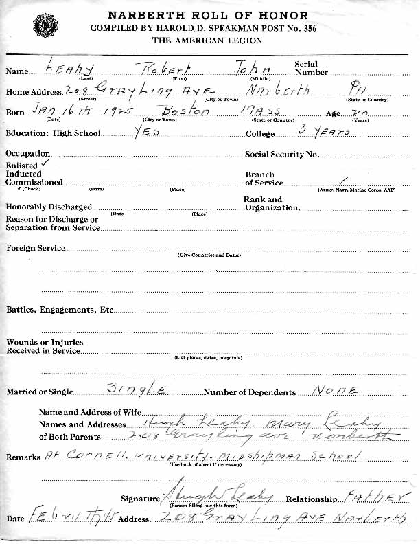 Roll of honor form for Robert Leahy