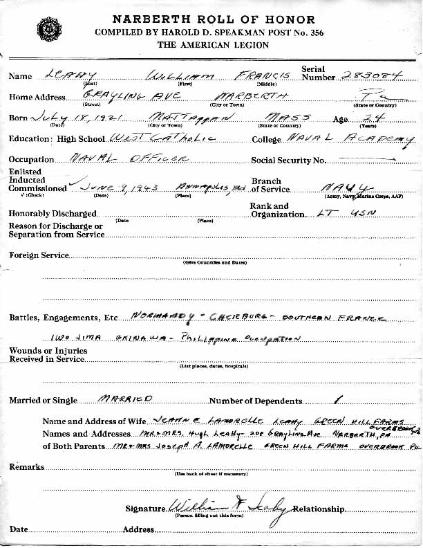Roll of honor form for William Leahy