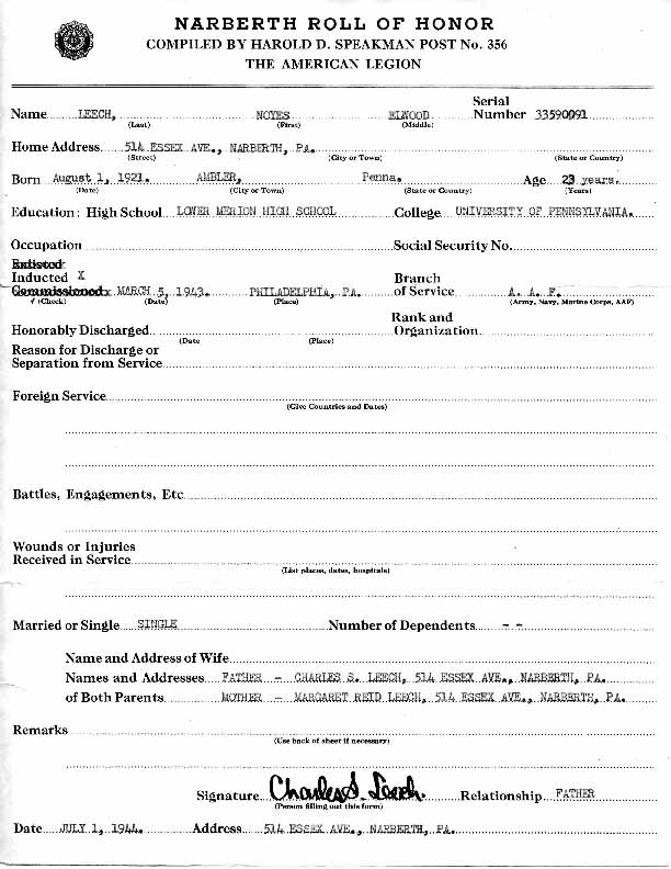 Roll of honor form for Noyes Leech