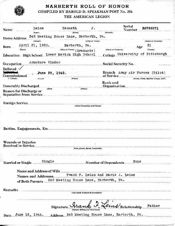 Roll of honor form for Kenneth Leins
