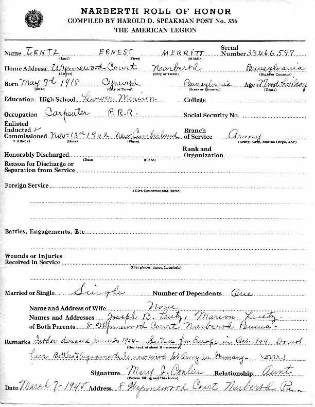 Roll of honor form for Ernest Lentz, front