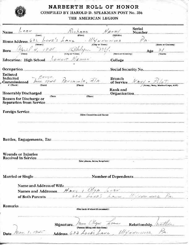 Roll of honor form for Richard Loen