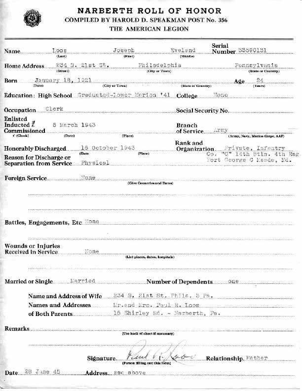 Roll of honor form for Joseph Loos