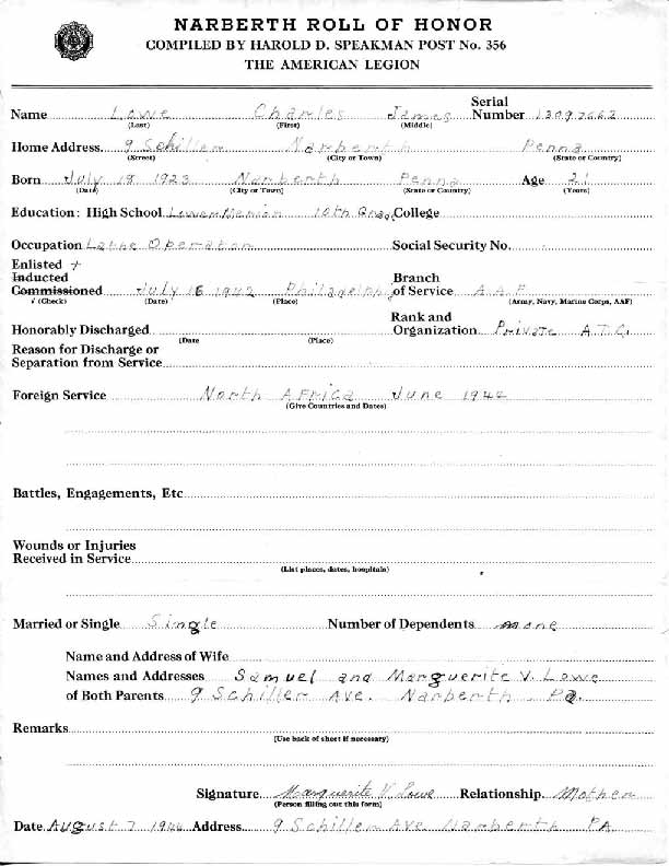 Roll of honor form for Charles Lowe