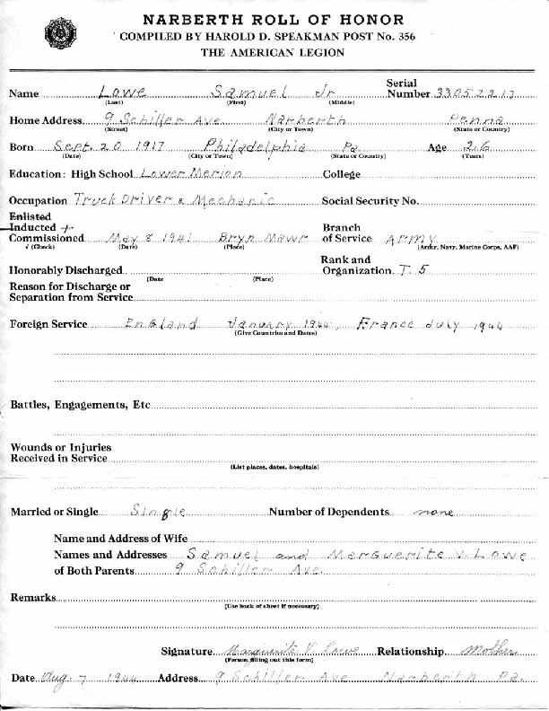 Roll of honor form for Samuel Lowe