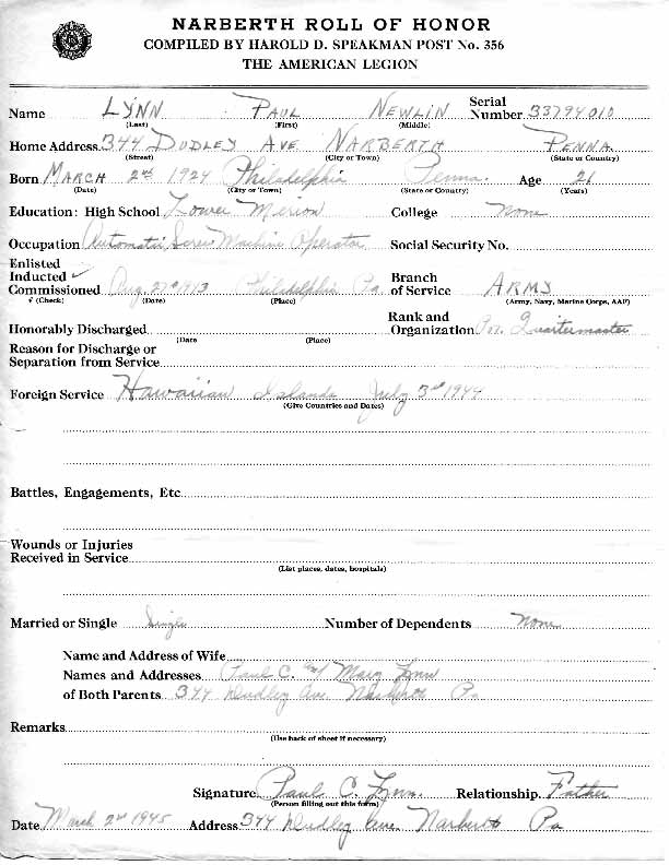 Roll of honor form for Paul Lynn