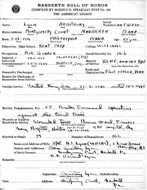 Roll of honor form for Armstrong Lyon