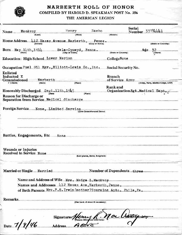 Roll of honor form for Henry MacAvoy