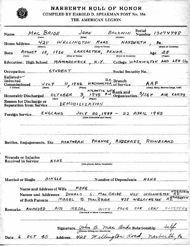 Roll of honor form for John MacBride