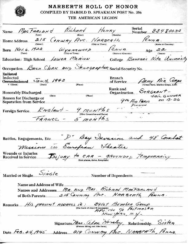 Roll of honor form for Richard MacFarland