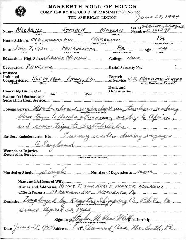 Roll of honor form for Stephen MacNeill