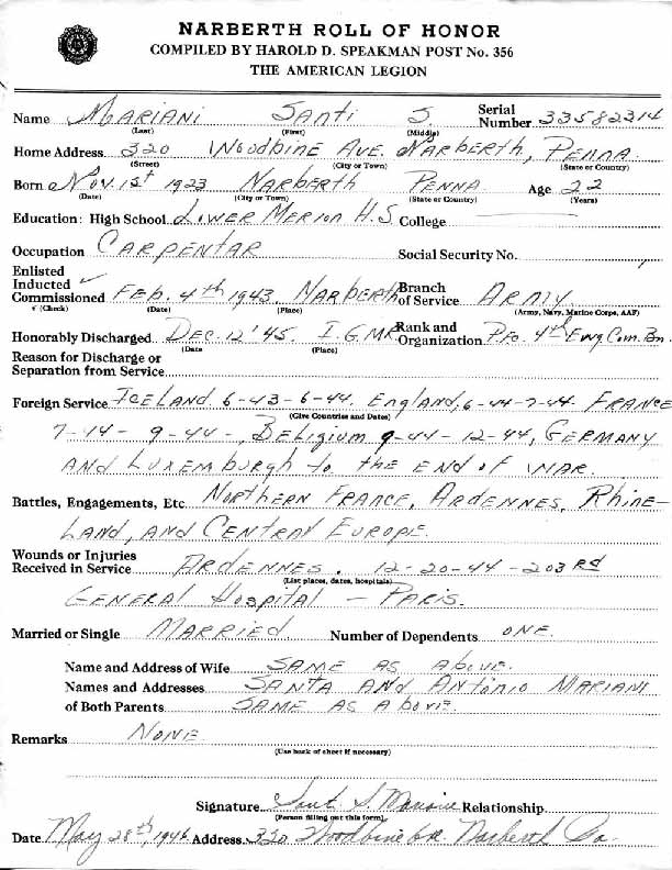 Roll of honor form for Santi Mariani