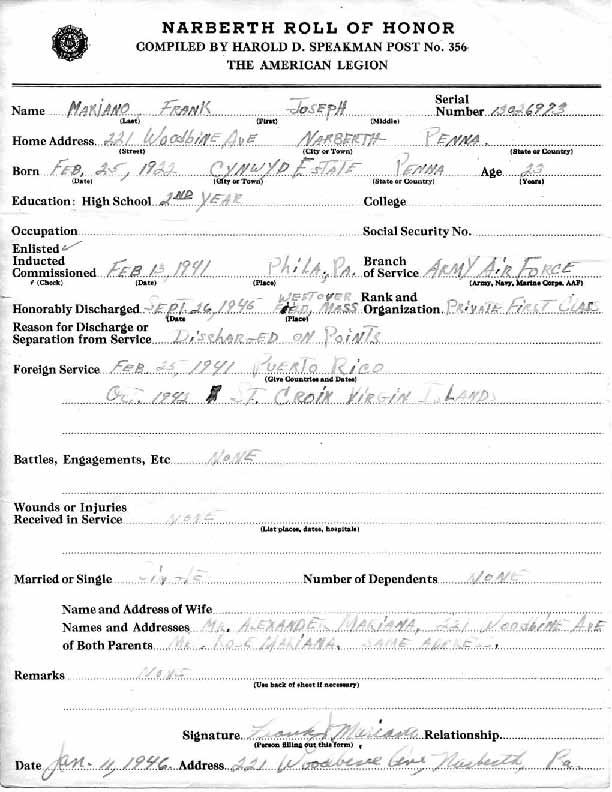 Roll of honor form for Frank Mariano