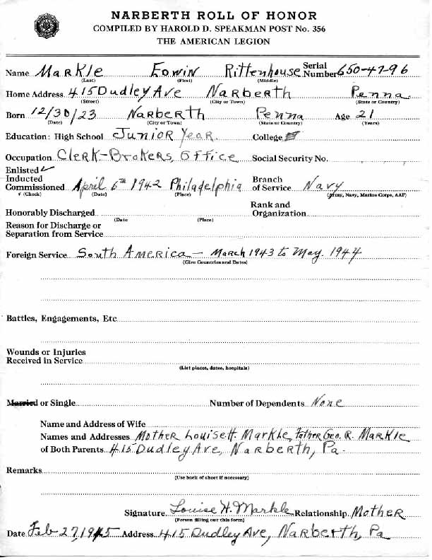 Roll of honor form for Edwin Markle