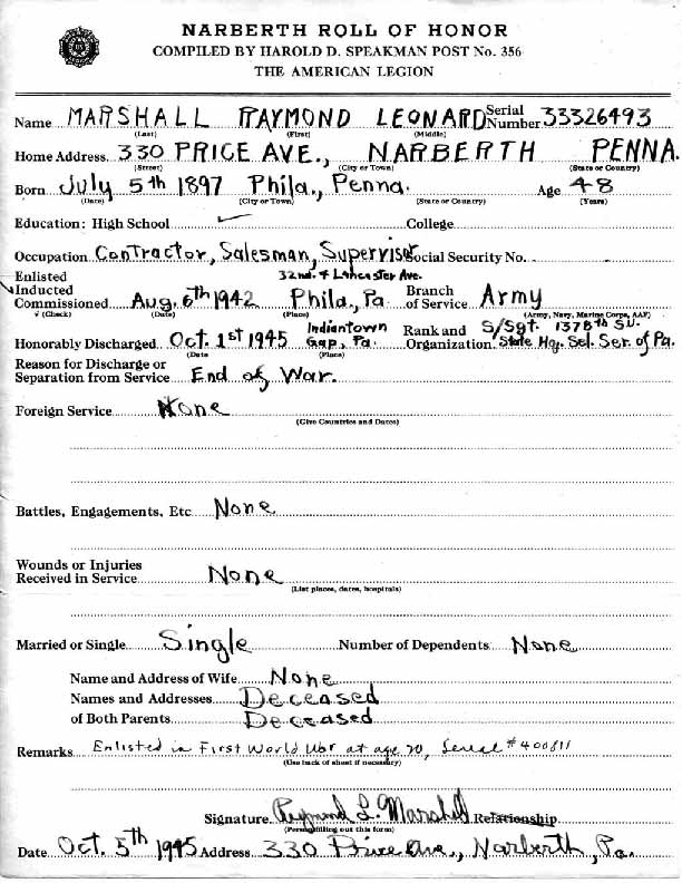 Roll of honor form for Raymond Marshall