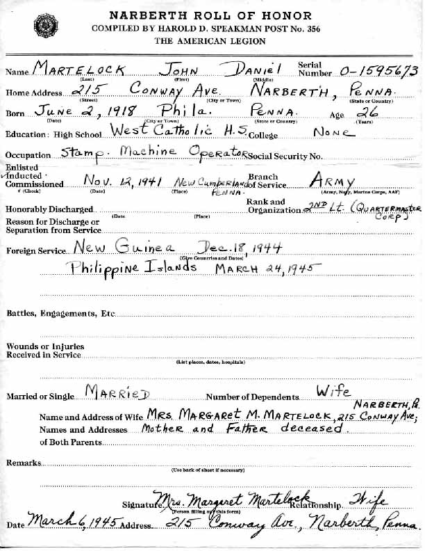 Roll of honor form for John Martelock