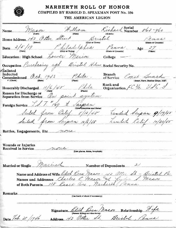 Roll of honor form for William Mason