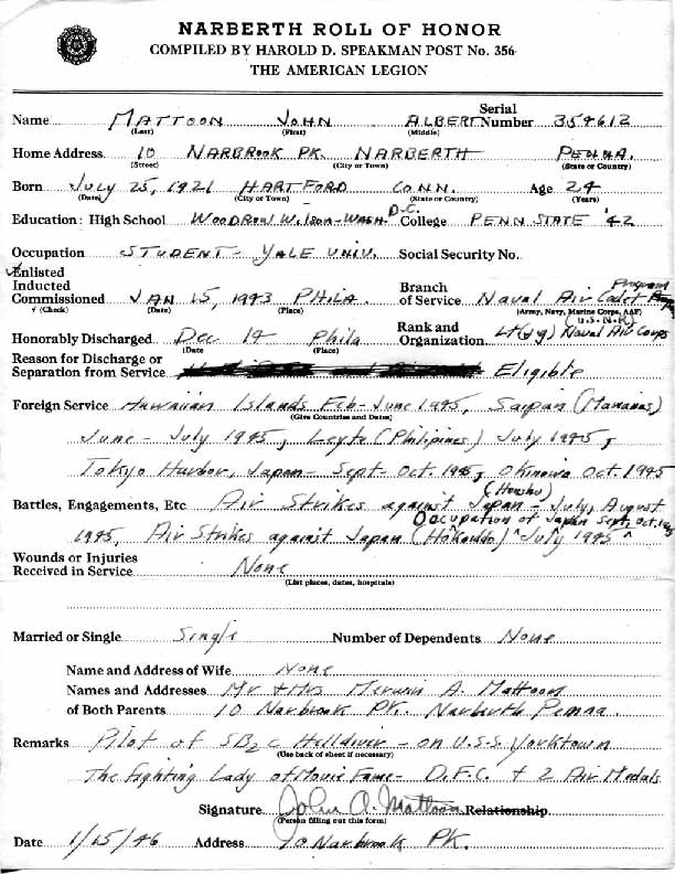 Roll of honor form for John Mattoon
