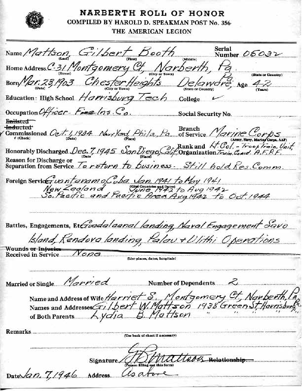 Roll of honor form for Gilbert Mattson