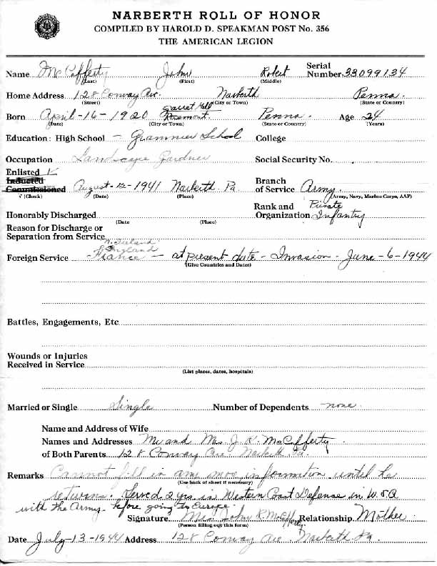 Roll of honor form for John McCafferty
