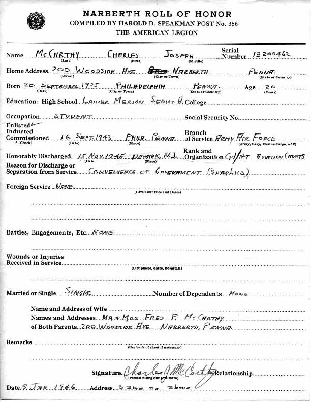 Roll of honor form for Charles McCarthy