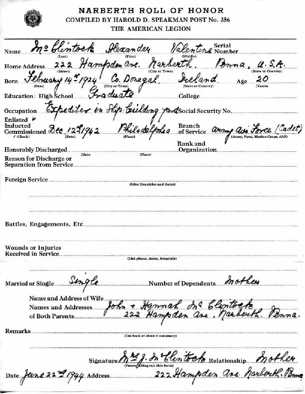 Roll of honor form for Alexander McClintock, front