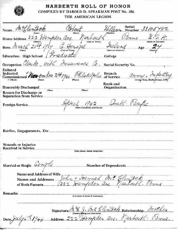 Roll of honor form for Robert McClintock