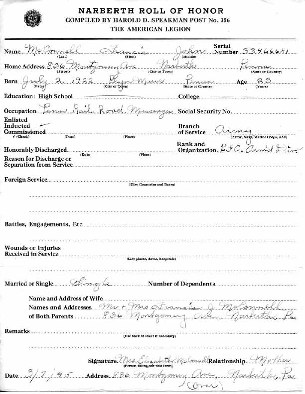 Roll of honor form for Francis McConnell, front