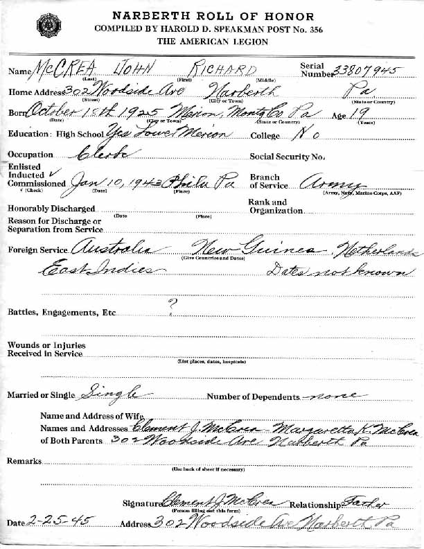 Roll of honor form for John McCrea