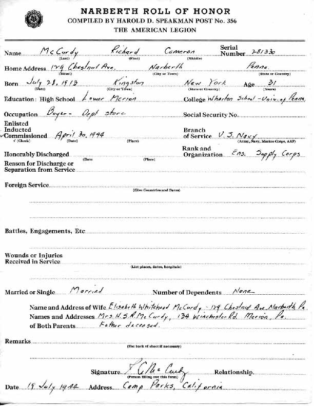 Roll of honor form for Richard McCurdy