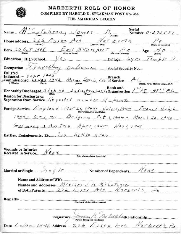 Roll of honor form for James McCutcheon
