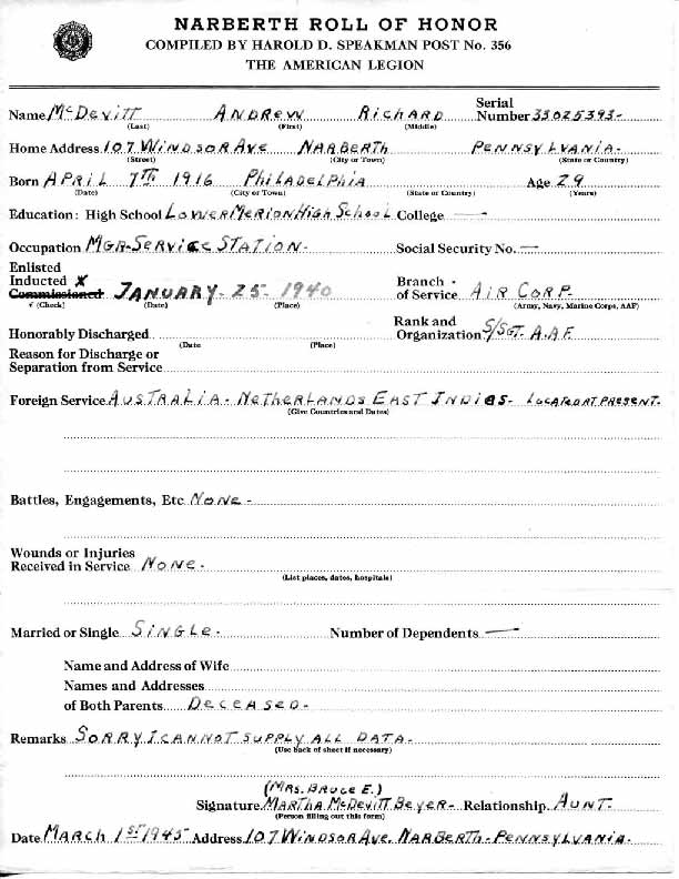 Roll of honor form for Andrew McDevitt
